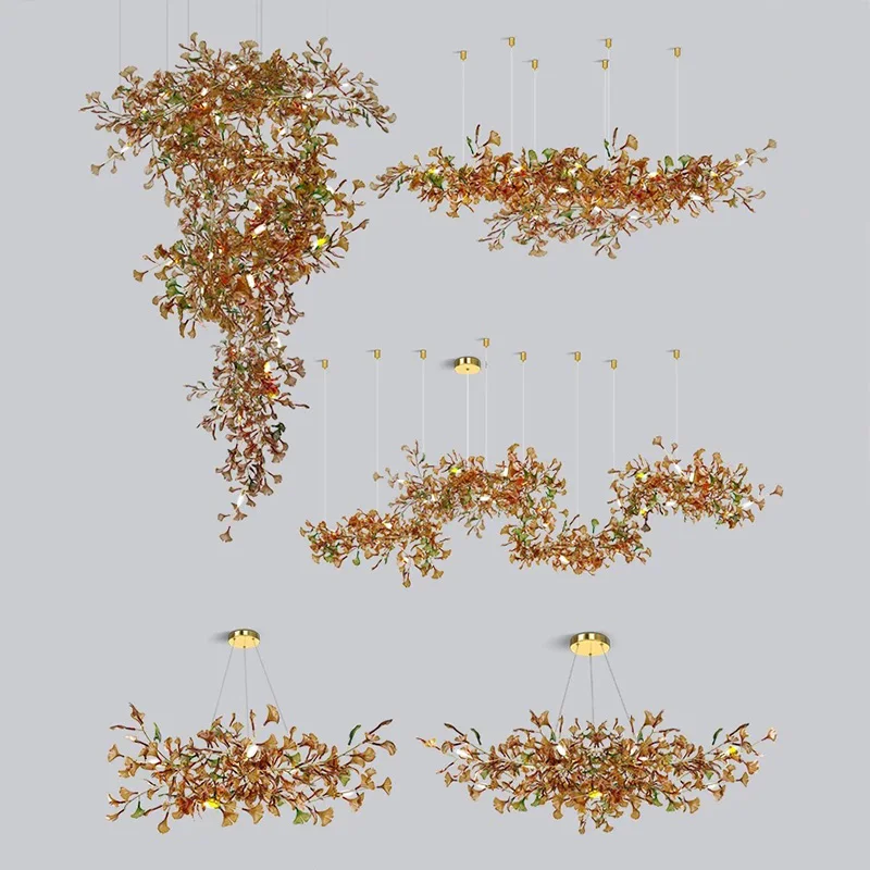 

2025 New Ginkgo Leaf Glass Chandelier Ideal for Staircase Brass Green Brown Blue Dimmable Ceilings Lustre Pendant Lamp
