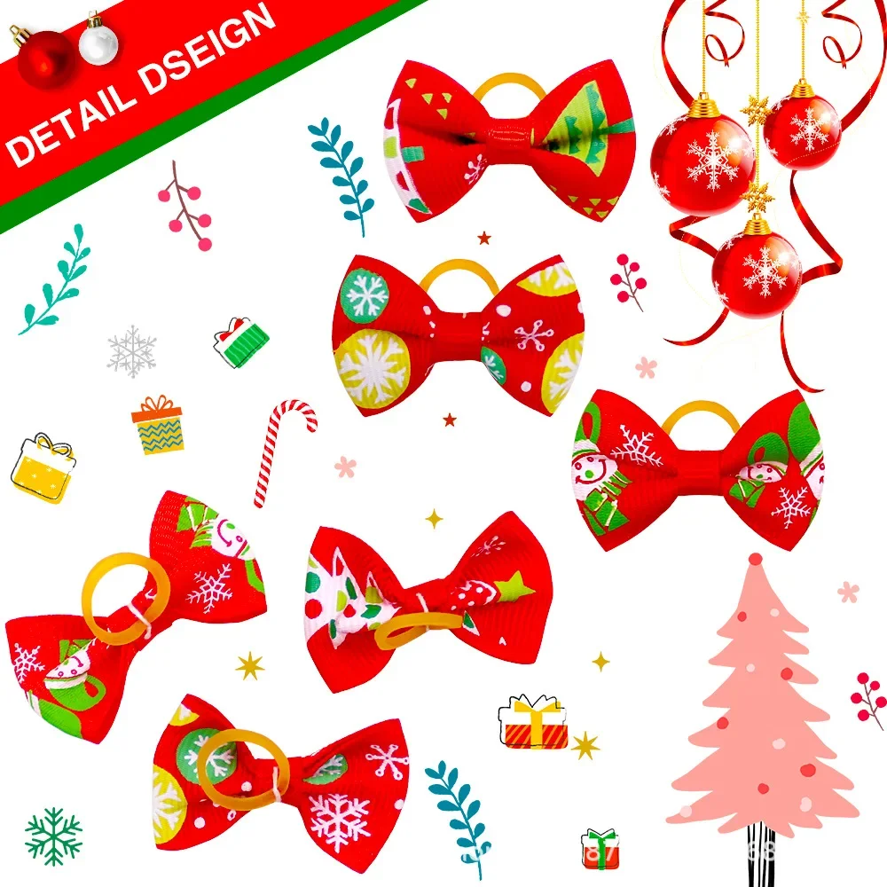 Christmas Style Elastic Rubber Band Dog Bows Removable Pet Collar Accessories Mixcolor Pet Supplies for Dog Cat Hair Decorations