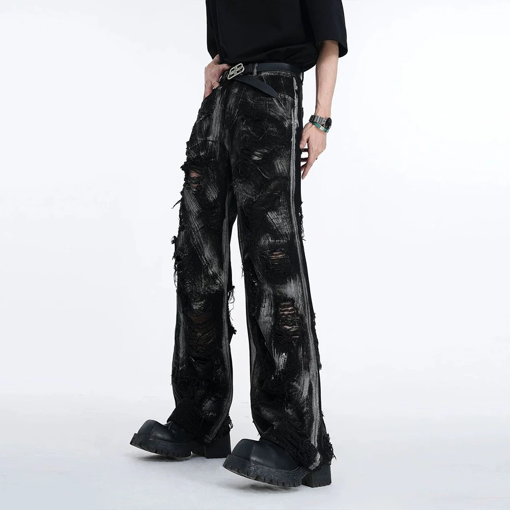 

Black Ripped Y2k Jeans Mens American High Street Fashion Wasteland Style Heavy Washed Graffiti Niche Straight Trousers For Men