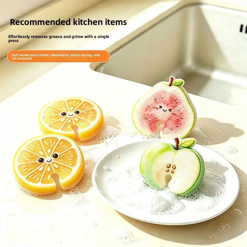 Cute cartoon fruit-themed wooden pulp sponge dishwashing brush – a must-have kitchen cleaning tool