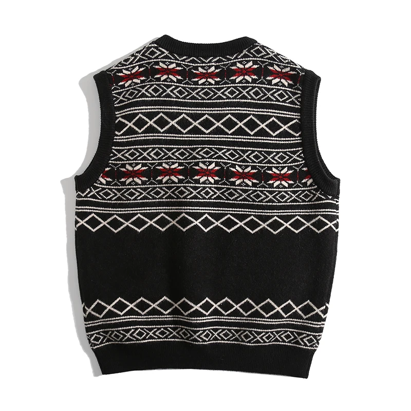 Crew-neck ethnic style jacquard waistcoat vest, Japanese vintage sweater knitted vest