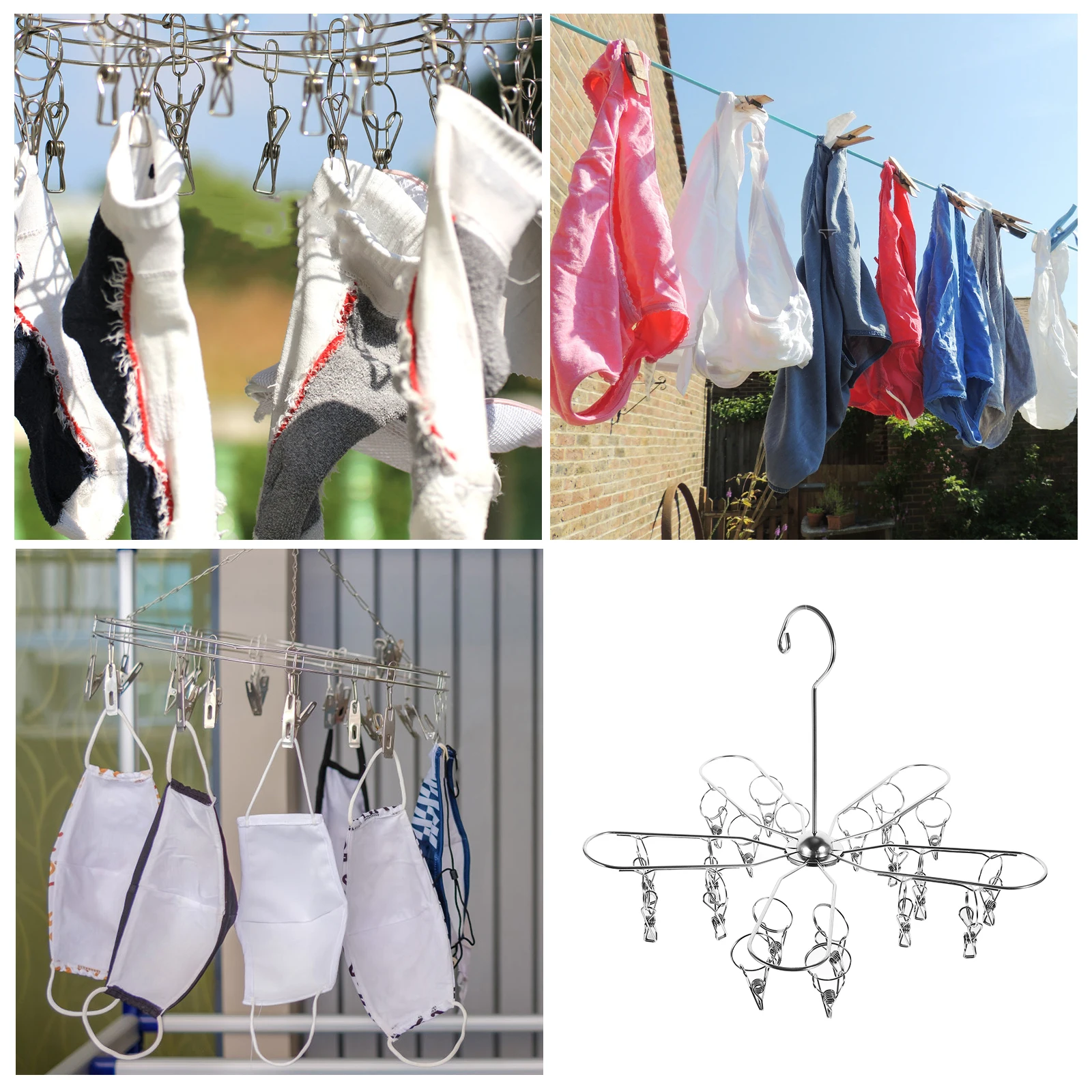 

20 Clips Foldable Stainless Steel Sock Drying Rack Multi-functional Space-saving Large Capacity Clothes Hanger Laundry Rack