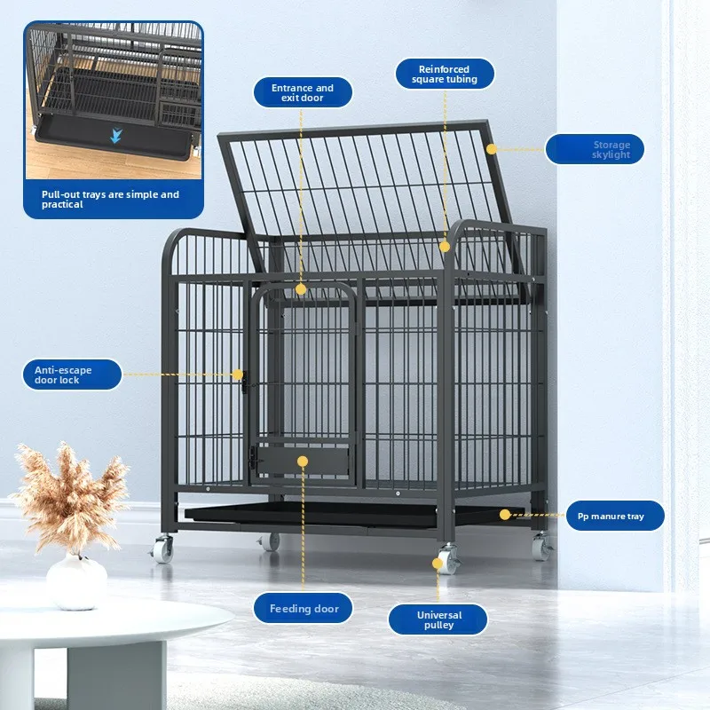 Large Dog Cage with Wheels Solid Square Tube Frame Rectangular Storage Kennel with Plastic Tray for Large Dogs