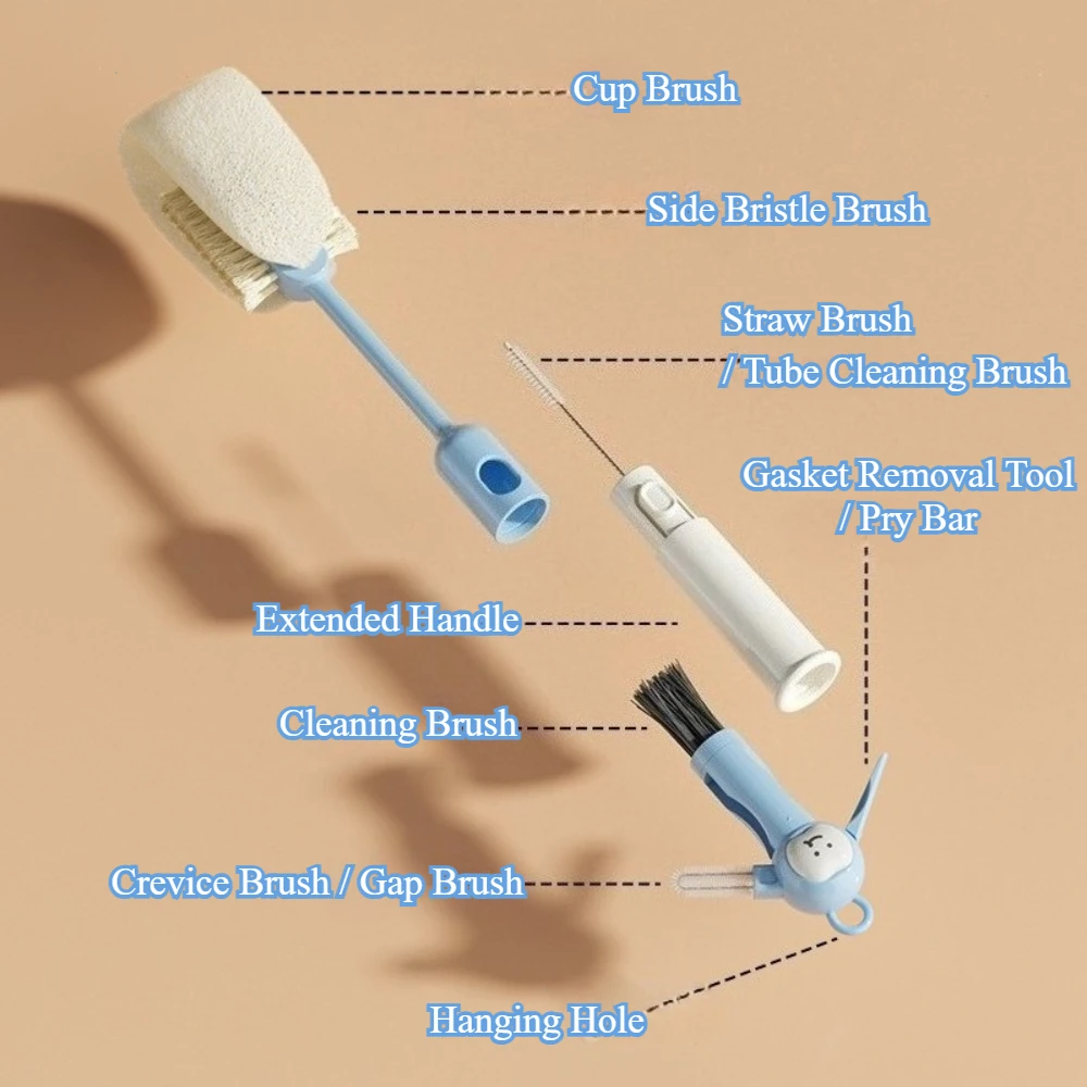 6-in-1 Multifunctional Kitchen Cleaning Sponge Brush with Long Handle Pry Bar for Baby Bottle Glass Cup Rim Bottle Lid Gap Straw