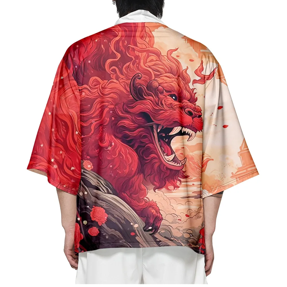 سترة مطبوعة لرقص الأسد الصيني قمصان هاوري للنساء والرجال ملابس يوكاتا التأثيرية هاراجوكو كيمونو #6