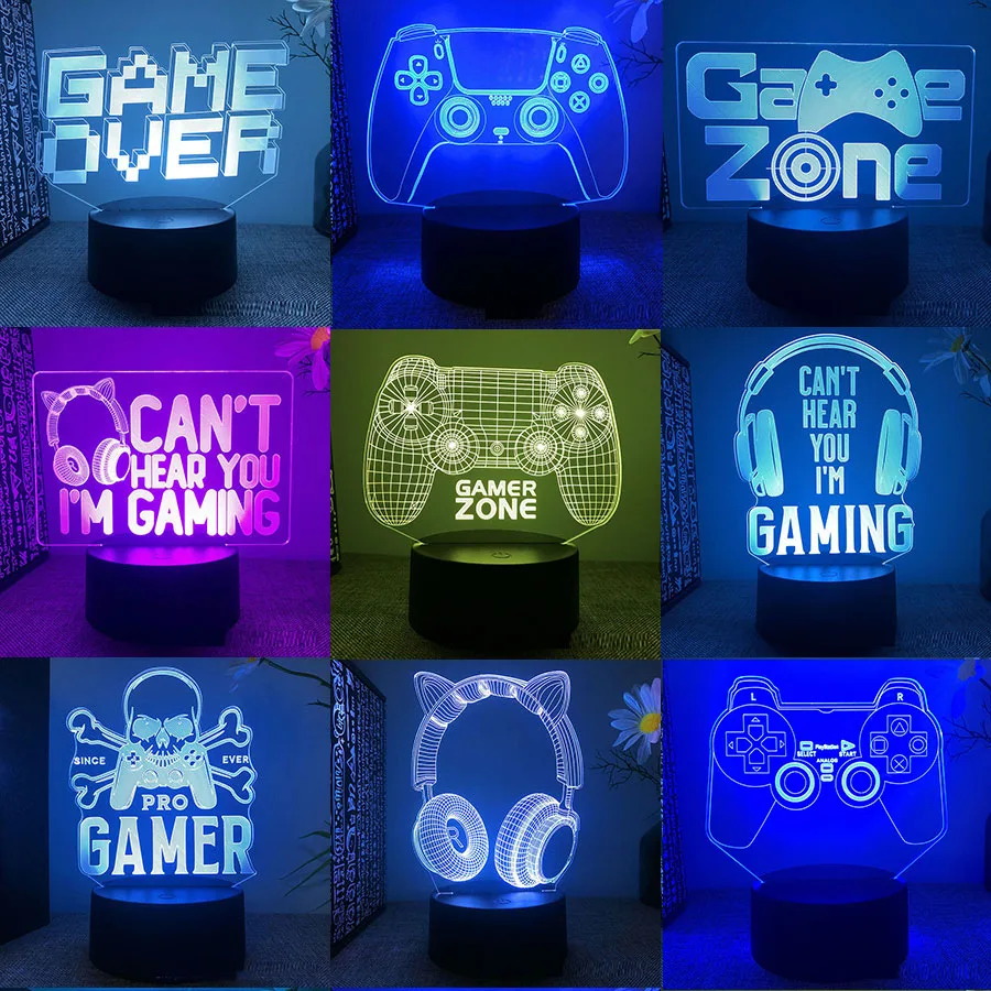 Gamepad Headphones Game Over Room Decoration Gaming Setup Accessories 3d Led Lamp Gamer Girl Desk Night Lights Christmas Gift