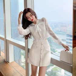 New Two Pieces Set Spring Women Sweet Bow tie Chiffon Long Sleeve Patchwork Tweed Crop Top + High Waist Mini Skirt Suit