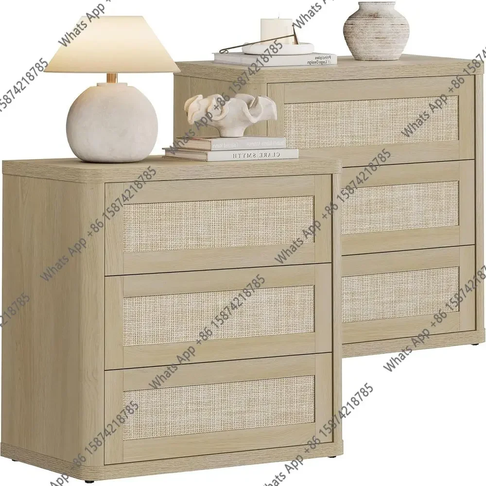 NM AZ Sand Oak 2-Piece Rattan Nightstand Set with Oversized 3-Drawer Storage and Kid-Safe Rounded Corners for Bedroom