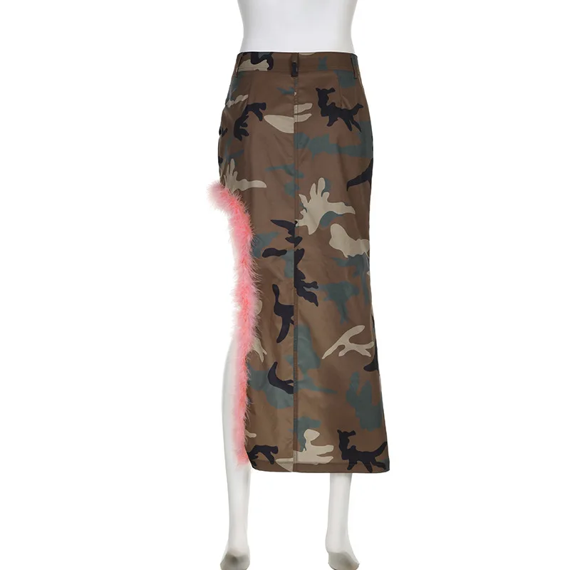 Camouflage Printed Patchwork Pink Fur Irregular Skirt Y2k Women Autumn Winter High Waist Split Slim Mid Length Skirts Streetwear