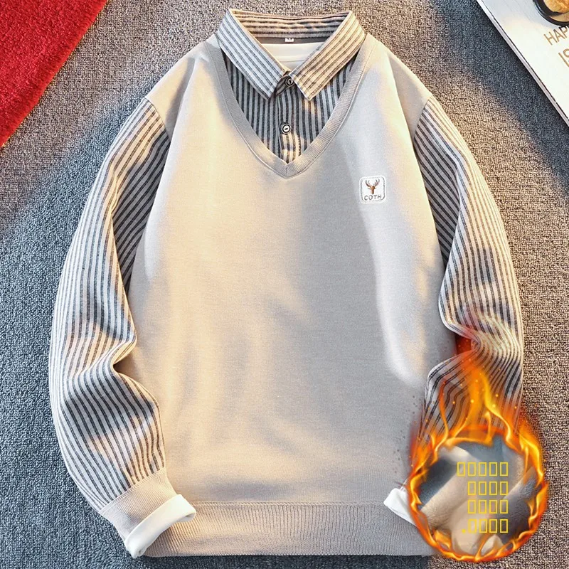 

2025 New Fce Lined Casual Knitwear Men's Faionable Versatile Warm irt Collar Sweater Thiened Long Sve Polyester F...