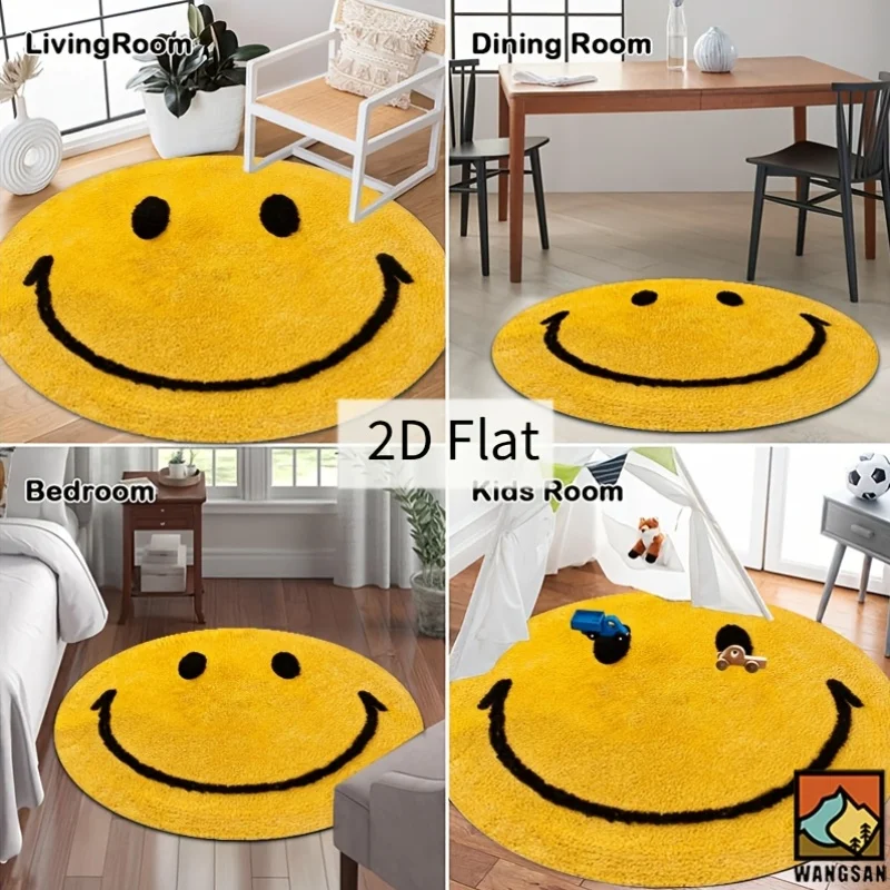2D Round Flannel Rug Smiley Face Design Soft Floor Mat Home Decor Kids Room Play Area Non Slip Carpet