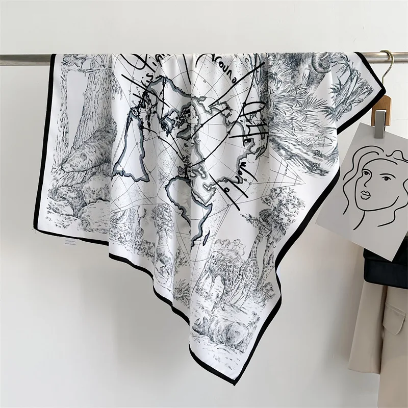 90*90cm World Map Printed Square Scarf Women Silk Scarves Bandanas Luxury Large Shawl Beach Wraps Elegant Hijab Sun Protection