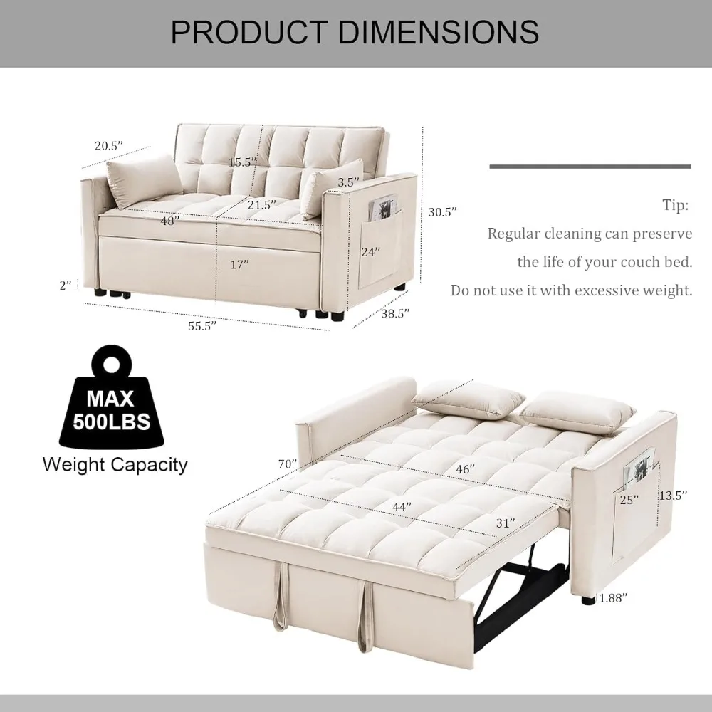 3 in 1Sleeper SofaCouch Bed,Velvet Convertible Loveseat SleeperSofa with 3Level Adjustable Backrest,Storage Pockets,Toss Pillows