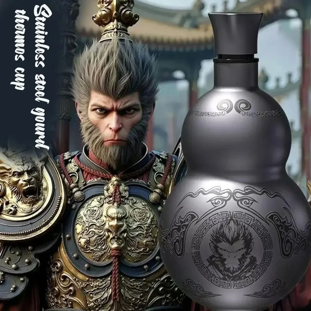 

Portable Wukong Theme Gourd Style Water Bottle 304 Stainless Steel Thermal Insulation Cup Black Game Cosplay Lanyard Outdoor