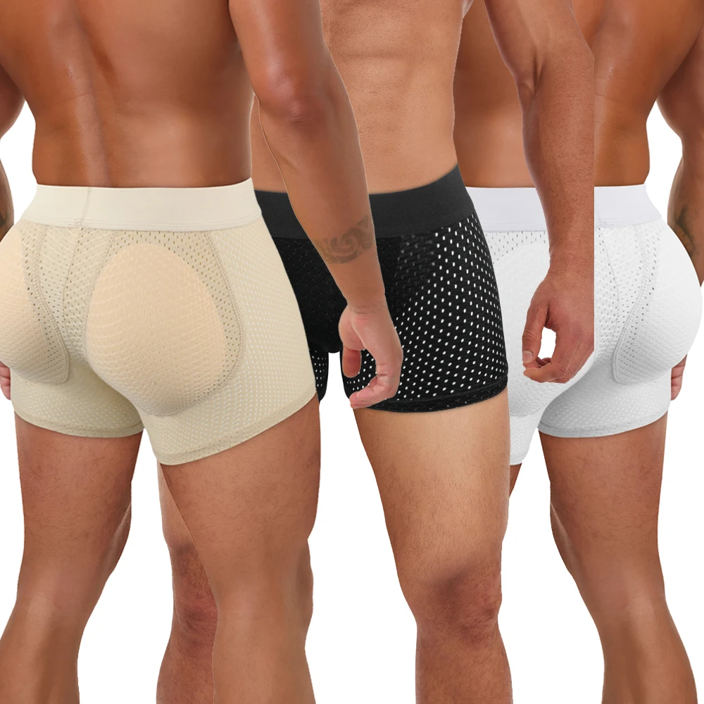 Men Hip Lift Body Shaper Sponge Fake Butt Padded Boxer Briefs Hollow out Breathable Slimming Underwear Body Shaping Enhancement