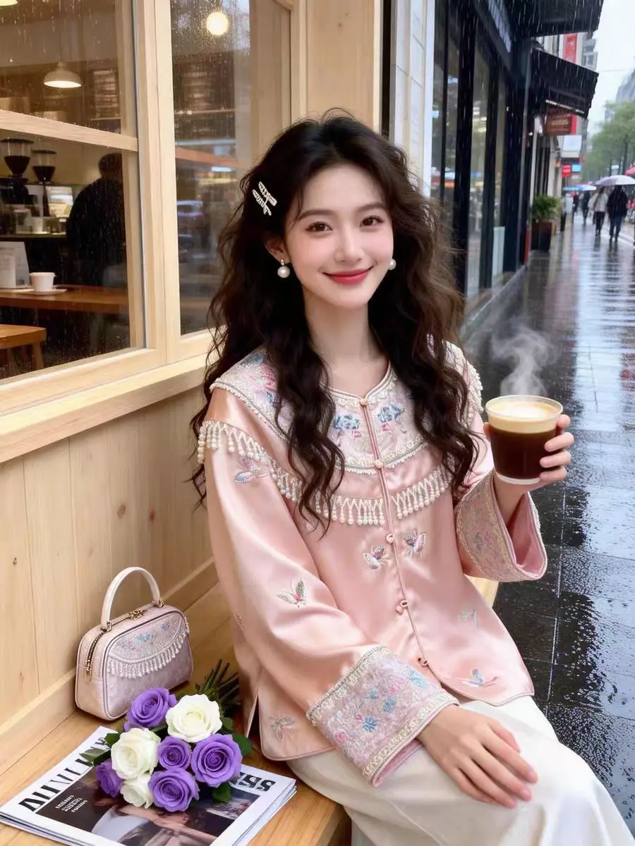 High-end Spring Chinese New Year Embroidery Acetate Butterfly Coat Women Elegant Loose Pink/Apricot Top S-XXL