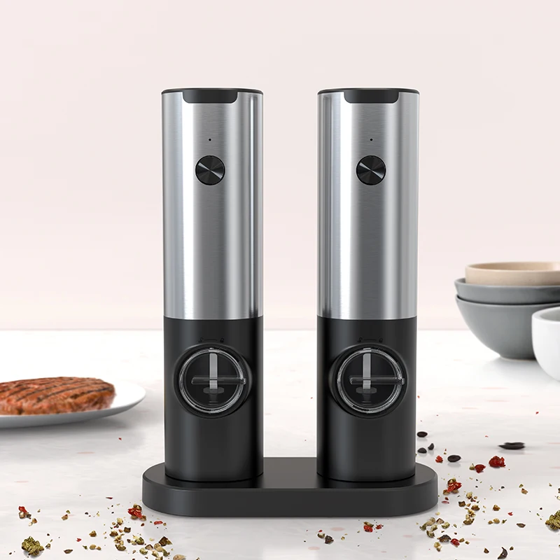 1/2pc Electric Salt and Pepper Grinder Set with Base USB Rechargeable Stainless Steel Pepper Mill One-Handed Automatic Operation
