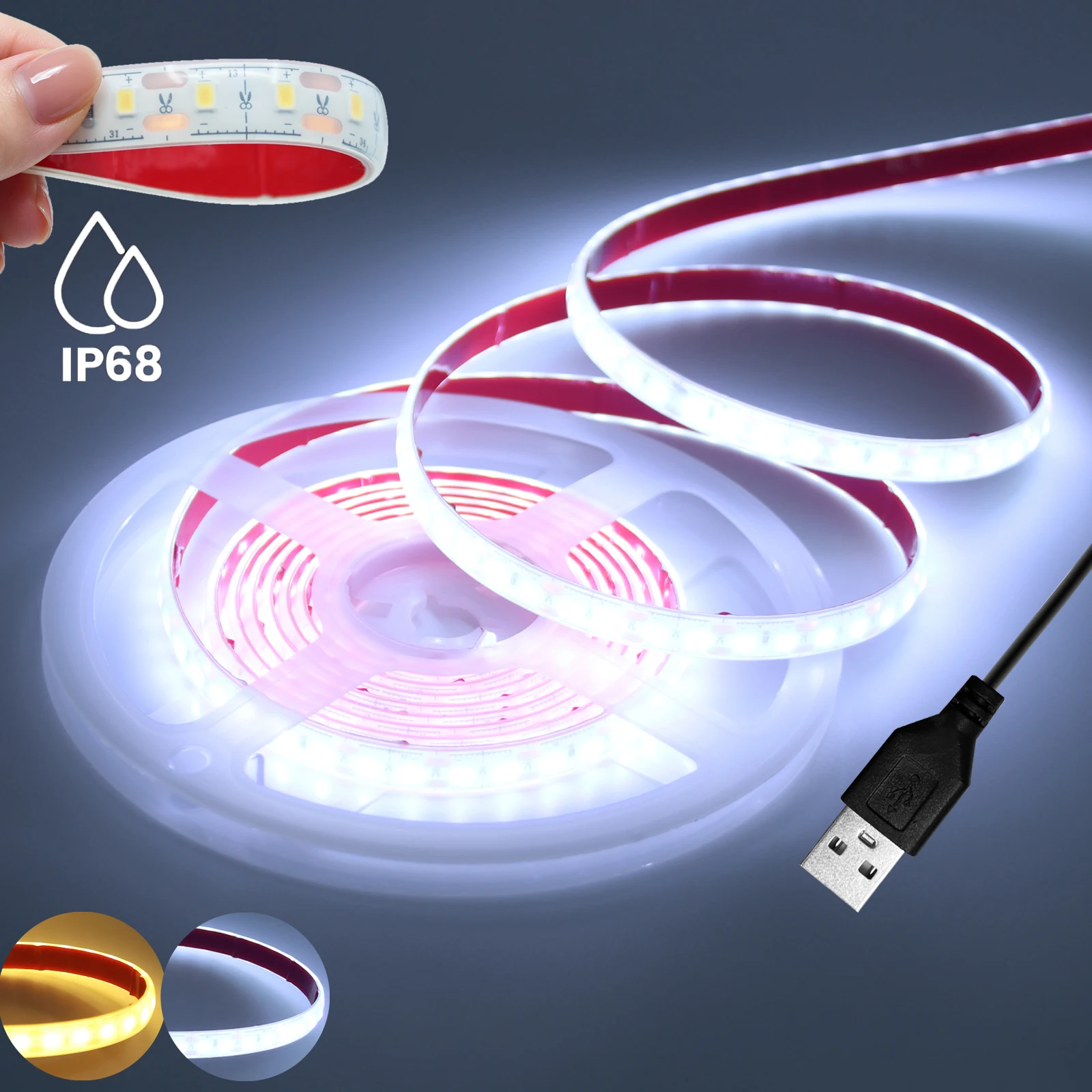 USB LED Strip Light White/Warm White IP68 Waterproof 5V 2835 Flexible Diode Tape 120LEDs High Brightness Home Garden Decor 1-5m
