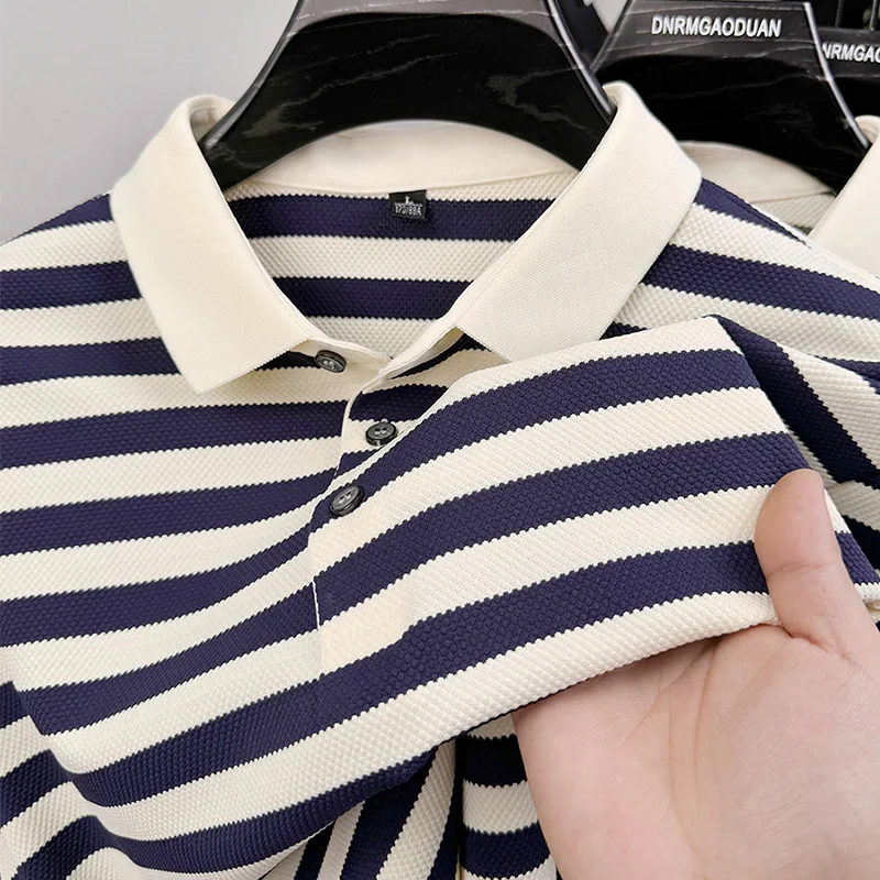 

High Quality Summer Men's 2025 New Short Sleeved T-shirt with Striped Half Sleeves Trendy T-shirt Polo Shirt for Men