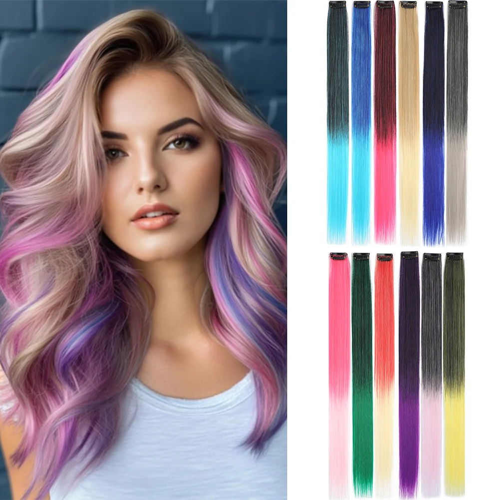

10PCS/Pack Colored Party Highlights Clip in Hair Extensions for Girls 22 Inches Omber colors Straight Hair Synthetic Hairpieces