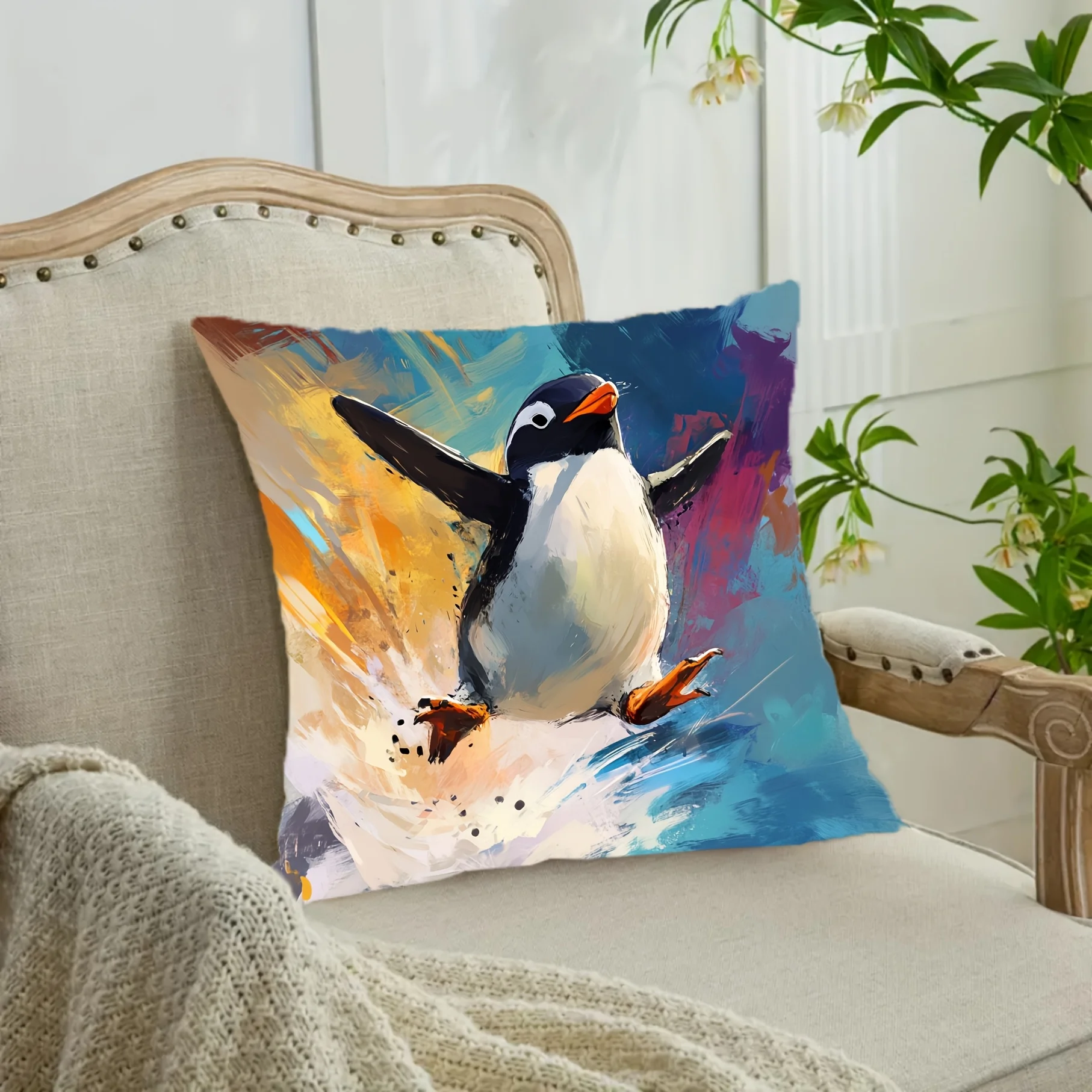 Decorative Penguin Pillowcase Cushion Cover Watercolor Art Print Modern Home Decor 45x45cm