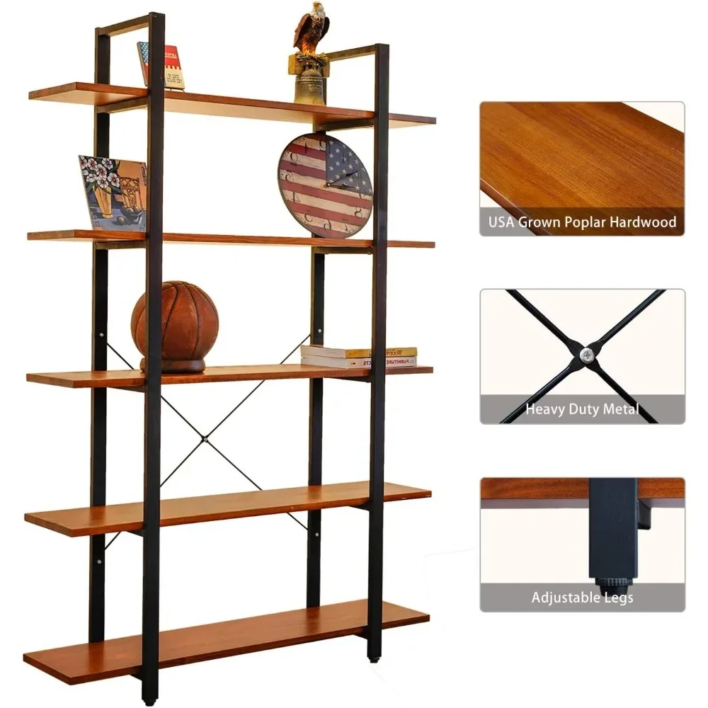 Industrial Bookshelf, USA Grown Hardwood, Real Wood Bookshelves, Modern Open Rustic Bookcase, Storage Shelf, Display Shelf