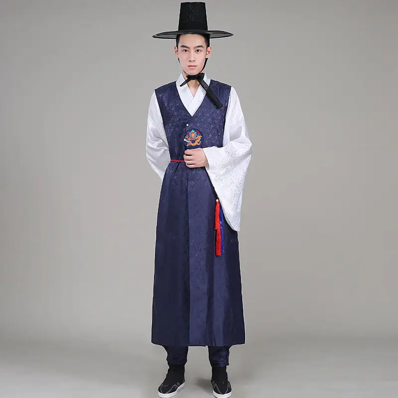 Traditional Hot Silver Korean Traditional Men\'s Hanbok Palace Wedding Korean Ethnic Performance Stage Costume Set