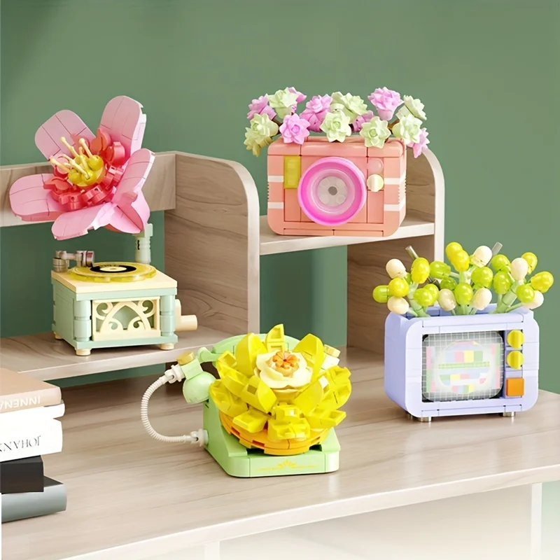 Flower Potted Plant Ornaments Assembled Building Block Toys, DIY Educational Flower Potted Building Block Models