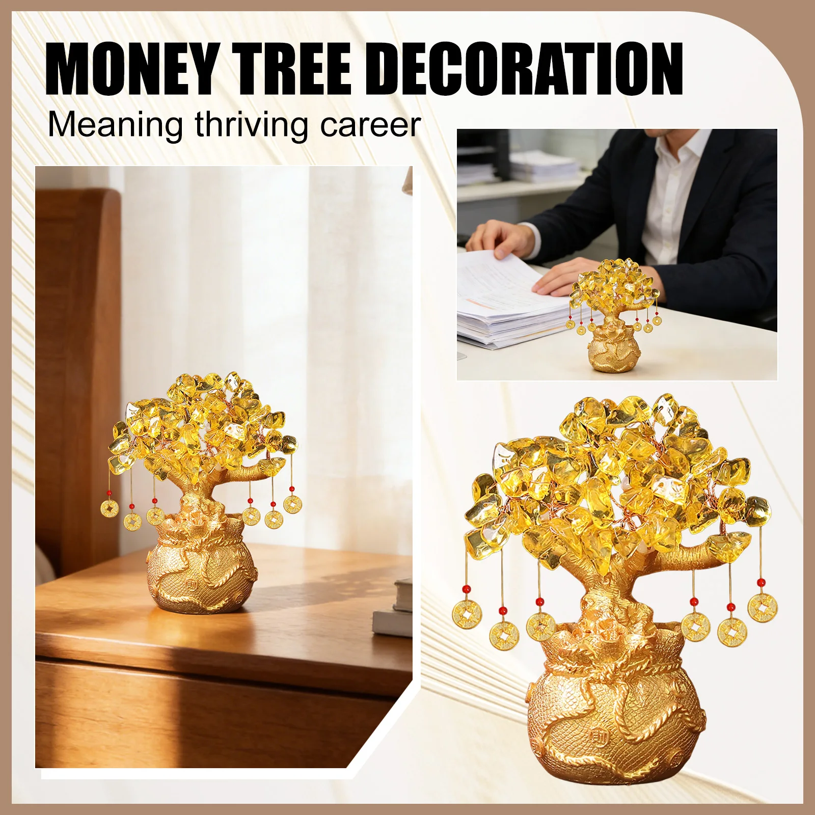 Lucky Tree Wealth Yellow Crystal Tree Natural Money Tree Ornaments Bonsai Style Wealth Luck Feng Shui Ornaments Craft