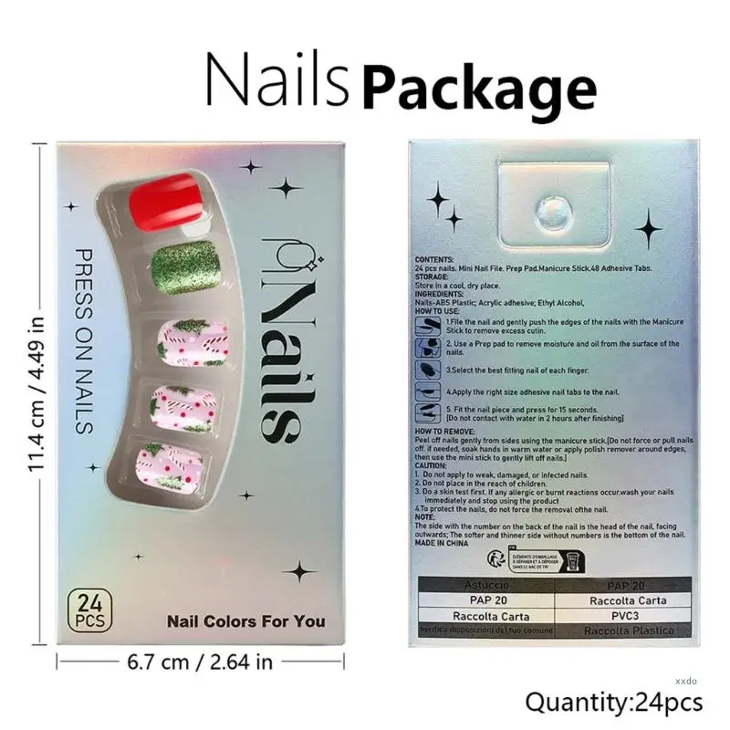 Christmas Full Cover Stick on Nails Green Press On Nails Short Square False Nails Artificial Nails  with Christmas Tree