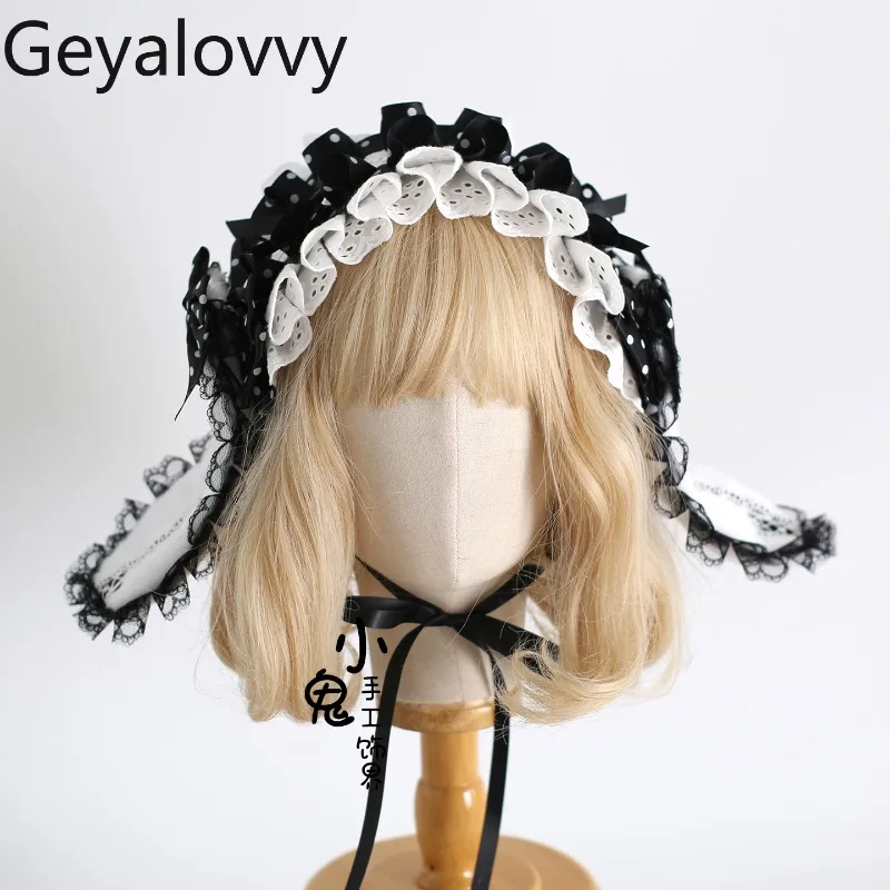 

Оригинальный черно-белый кружевной аксессуар для волос с бантом в горошек, милая универсальная повязка для волос в японском стиле Лолиты для девочек