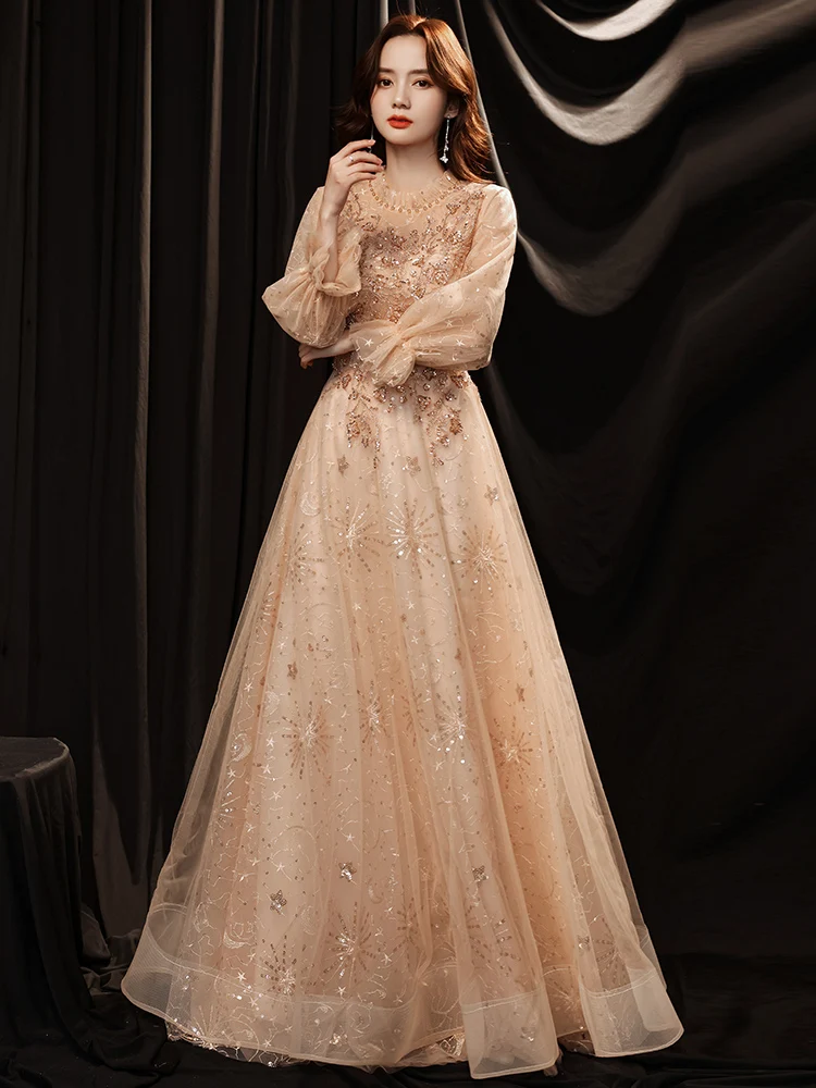 

Ele Long Evening Gown Women's Faionable Luxury Par Host Dr Korean Sle Bubble Sve Belted Waist Skirt