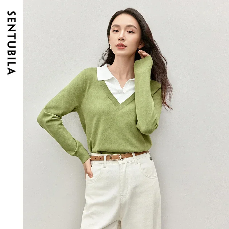 SENTUBILA Spliced Knitted Pullovers for Women 2024 Autumn Fashion Turn Down Collar Patchwork 2 in 1 Tops Odzież damska W43H57272