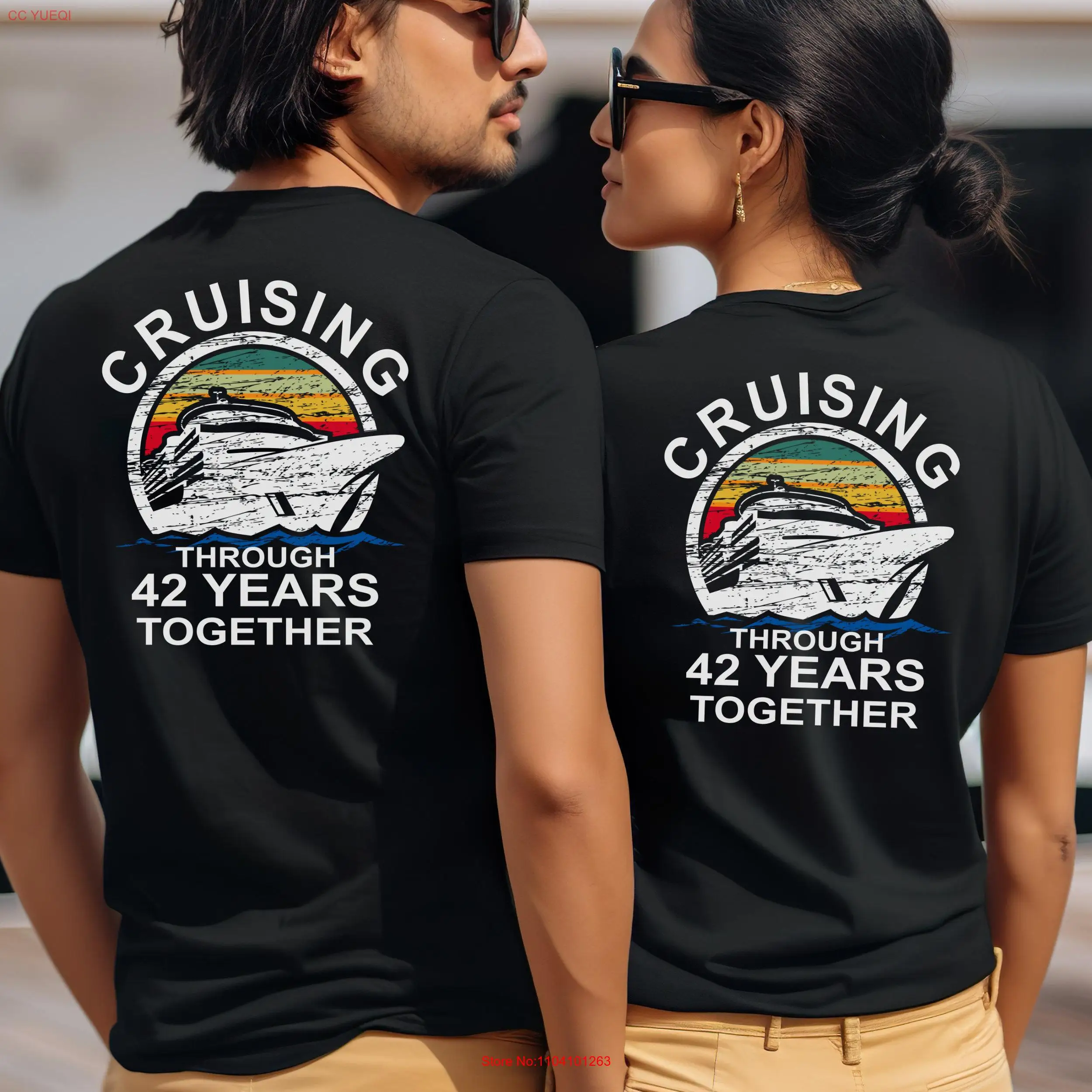 

Funny 42nd Anniversary Vacation Cruise shirt for couples Cruising through 42 years together on the back Only