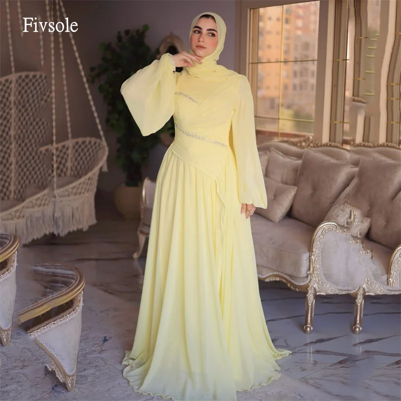Fivsole イエロー ハイネック ビーズ A ライン プロムドレス シフォン 長袖 イード パーティー ドレス フロアレングス イブニング ドレス カスタマイズ
