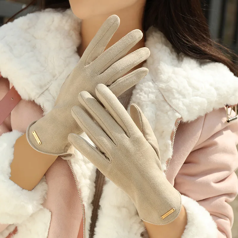 Women Autumn Winter Keep Warm Touch Screen Thin Solid Simple Gloves Cycling Drive Suede Fabric Elegant Windproof