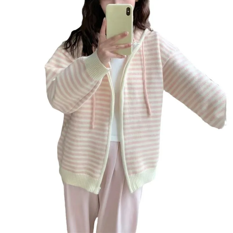 Contrast Striped Hooded Pink Cardigan Sweet Casual All Match Knitted Cardigans Sweet Sweaters E2386