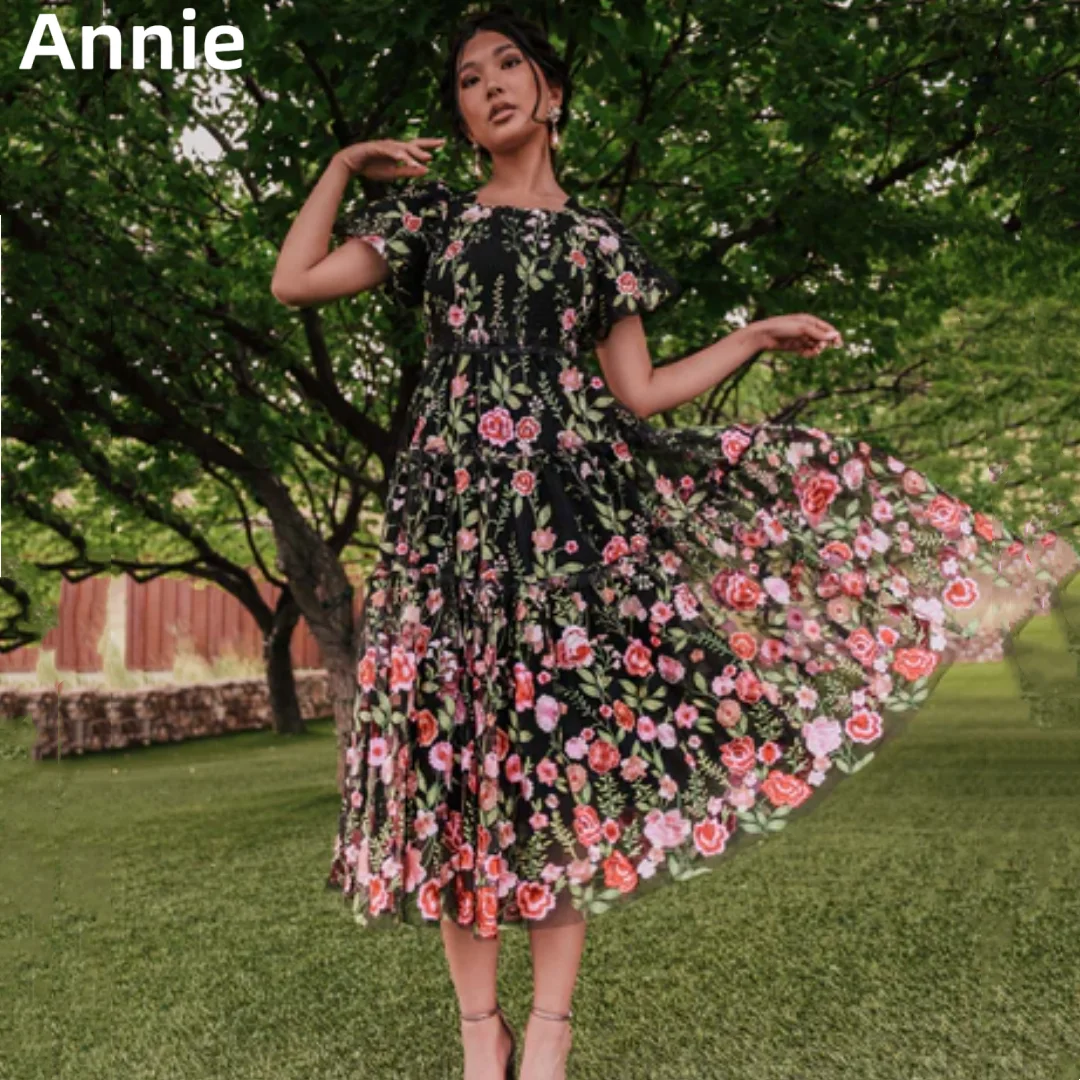 

Annie Lace Embroidery Floral Prom Dresses Black Knee Length Princess Formal Occasion Dress Party Dresses 2024 Wedding Dress