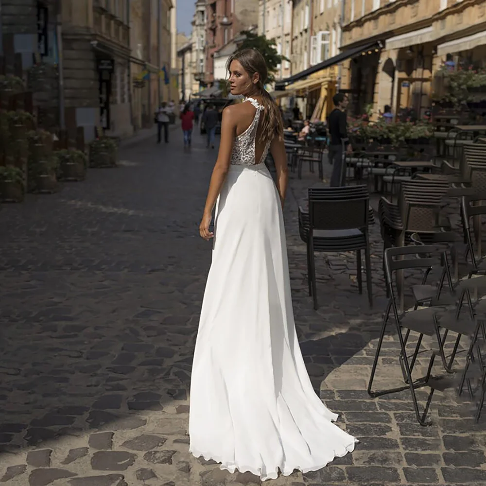 halter chiffon beach wedding dress Elegant Neck Womens Lace Backless A-Line Bridal Gowns Sleeveless Floor Length Evening Dresses Paris Velvet & Mesh Model Bella B The halter neckline and Sleeve Length:36-37