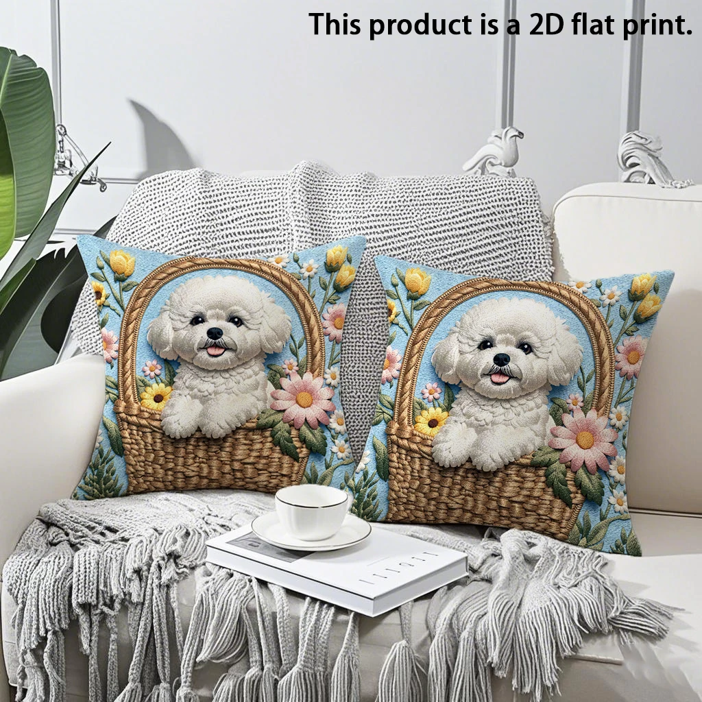 2pcs Cute Bichon Frise in Flower Basket Throw Pillow Covers 2Pcs Soft Decorative Pillowcases for Sofa Bedroom Living Room
