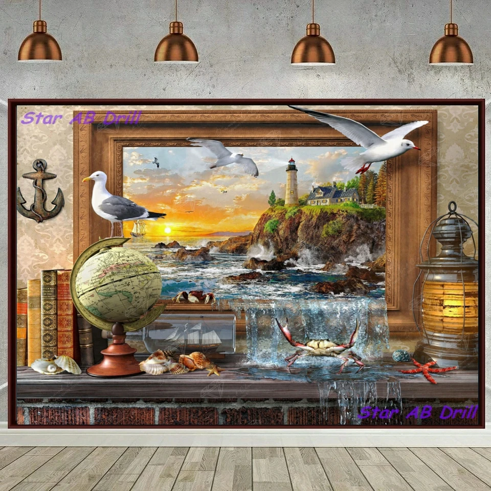 Landscape 5D DIY AB Drills Diamond Painting Sunset Sea Animal Birds Crab Cross Stitch Kits Embroidery Mosaic Scenery Home Decor