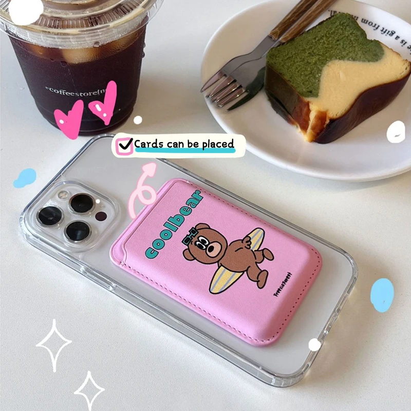 INS Korean Cute Bear For Magsafe Magnetic Card Clip Phone Case For iPhone 15 Pro Max Magnetic Wallet Card Holder Phone Accessory