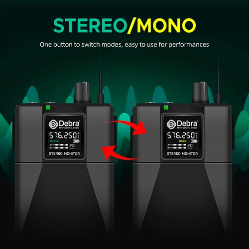 Imagen 2 del producto Sistema de monitorización intrauditiva inalámbrico Debra Stereo ST-102 con Bluetooth UHF rango 80-300m para escenario, grabación, instrumentos, baterista