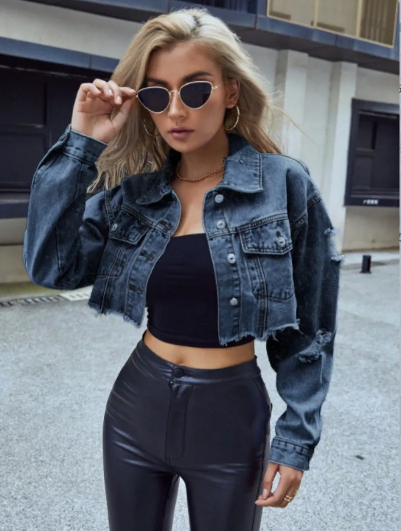 Women  New Casual  Pocket  Design  Fashion  Loose  Autumn   Loose  Autumn/Winter  Long Sleeve  Hundred  Short  Denim  Collar