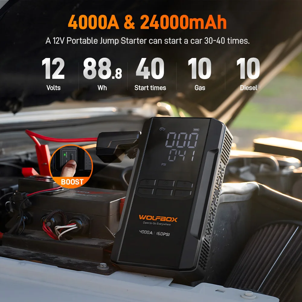 WOLFBOX JS24AIR 4000A Jump Starter 24000mAh 160PSI Air Compressor 12V Car Battery Booster (10L Gas/10L Diesel) Jump Box LED