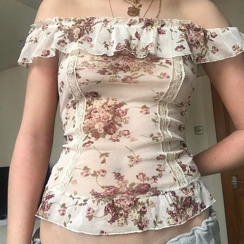 Darlingaga Vintage Flowers Printed Mesh Top Off Shoulder Lace Trim Ruffles Y2K Aesthetic See Through Cropped Tee Shirt Hotsweet