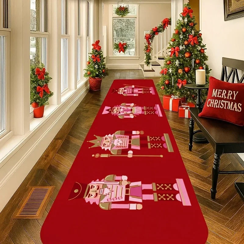 Hallway Runner Rug African American Santa Christmas Teddy Bear Gift Poinsettia Long Carpet for Entryway Living Room Decor