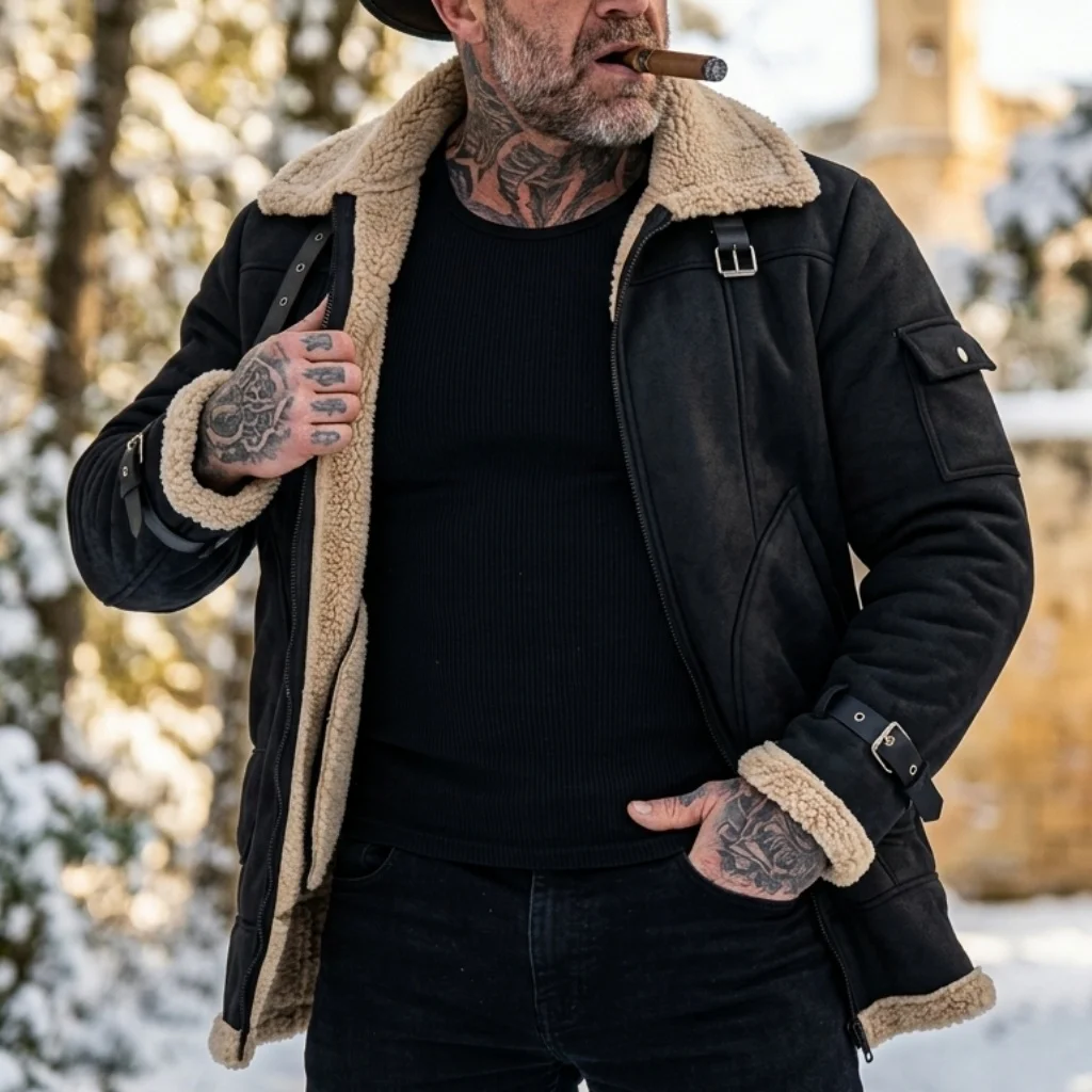 Men Winter Faux Suede Jacket Fleece Lined Outdoor Hiking Coat Windproof Zip Up Belted Casual Thickened Winter Male Outerwear