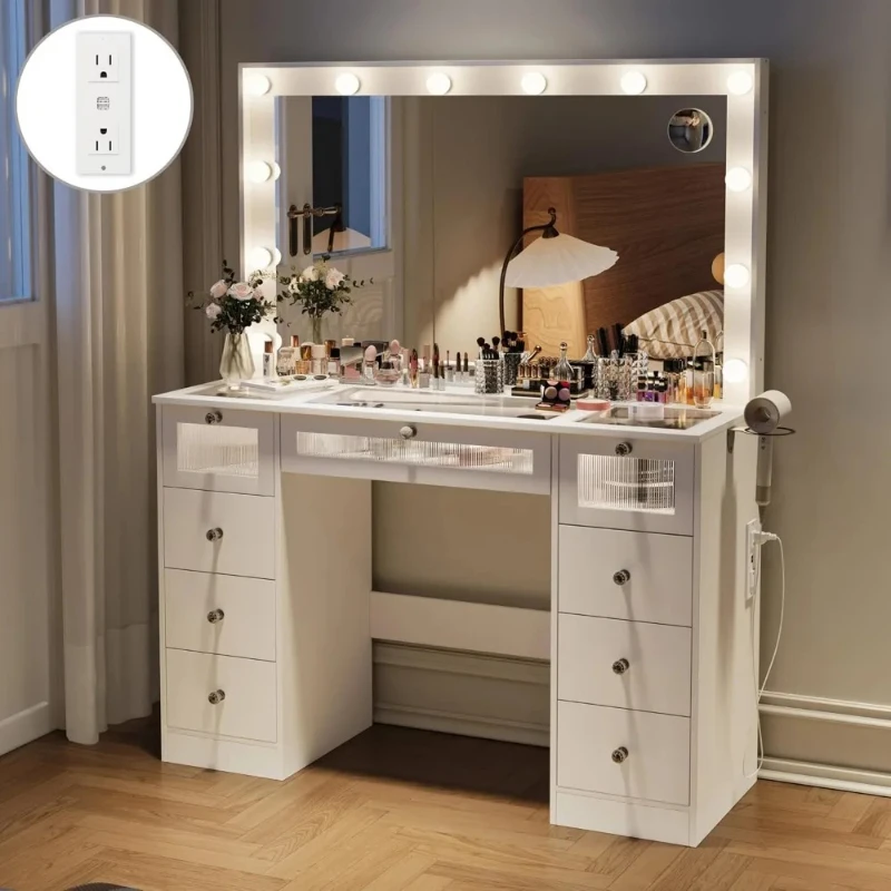 Makeup Vanity Desk with Lights and Large Mirror,Drawers Light Up Vanity,Glass Top Make Up Table with Charging Station