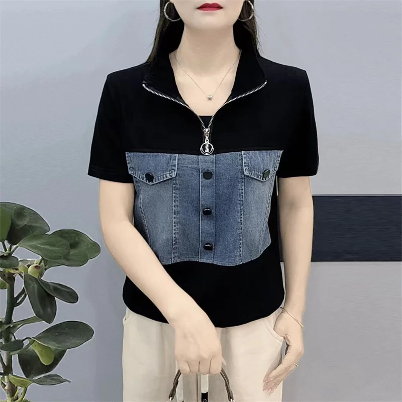 Spring Summer 2025 New Women's T-Shirt Fashion Cotton Stand Collar Loose Short Sleeves Joker Slim Stitching Casual Denim Tops